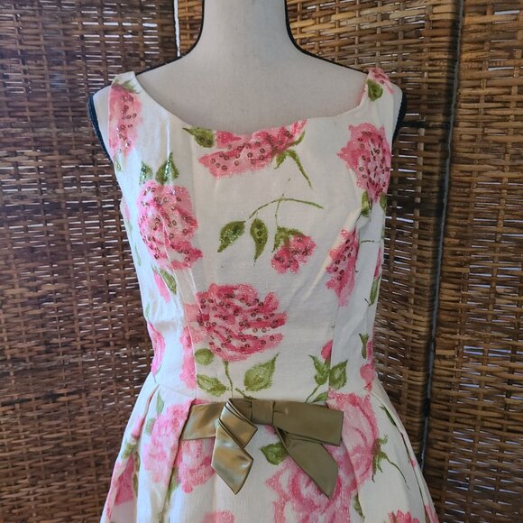 Beautiful Emma Domb VTG 1950s Dress White Pink Floral Sequins Tulle Lace SZ 13 - Picture 6 of 16